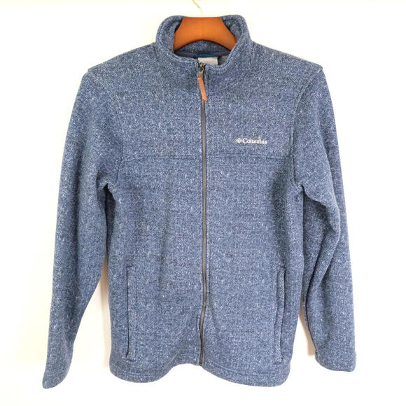 Columbia Men’s Medium Full Zip Heather Blue Knit Knit Sweater Fleece Lined Warm - Picture 1 of 8